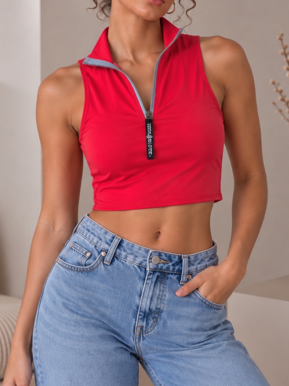 Red Sleeveless Zip-Front Crop Top